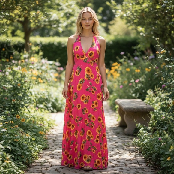 FARM Rio Dresses & Skirts - Farm Rio Brazil Sunflower Maxi Dress Sz XS Pink Floral Halter Boho Summer V-Neck